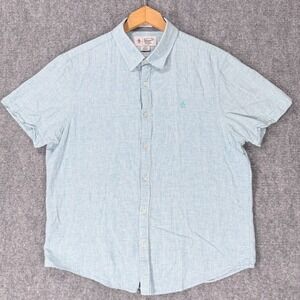Original Penguin Men's Large Blue Linen Cotton Heritage Slim Short Sleeve Shirt